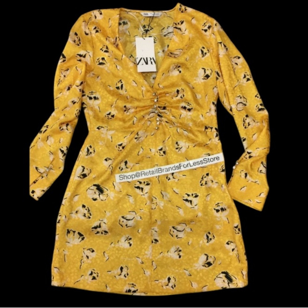 ZARA SATIN EFFECT YELLOW PRINTED RHINESTONE GEM EMBELLISHED SHORT DRESS